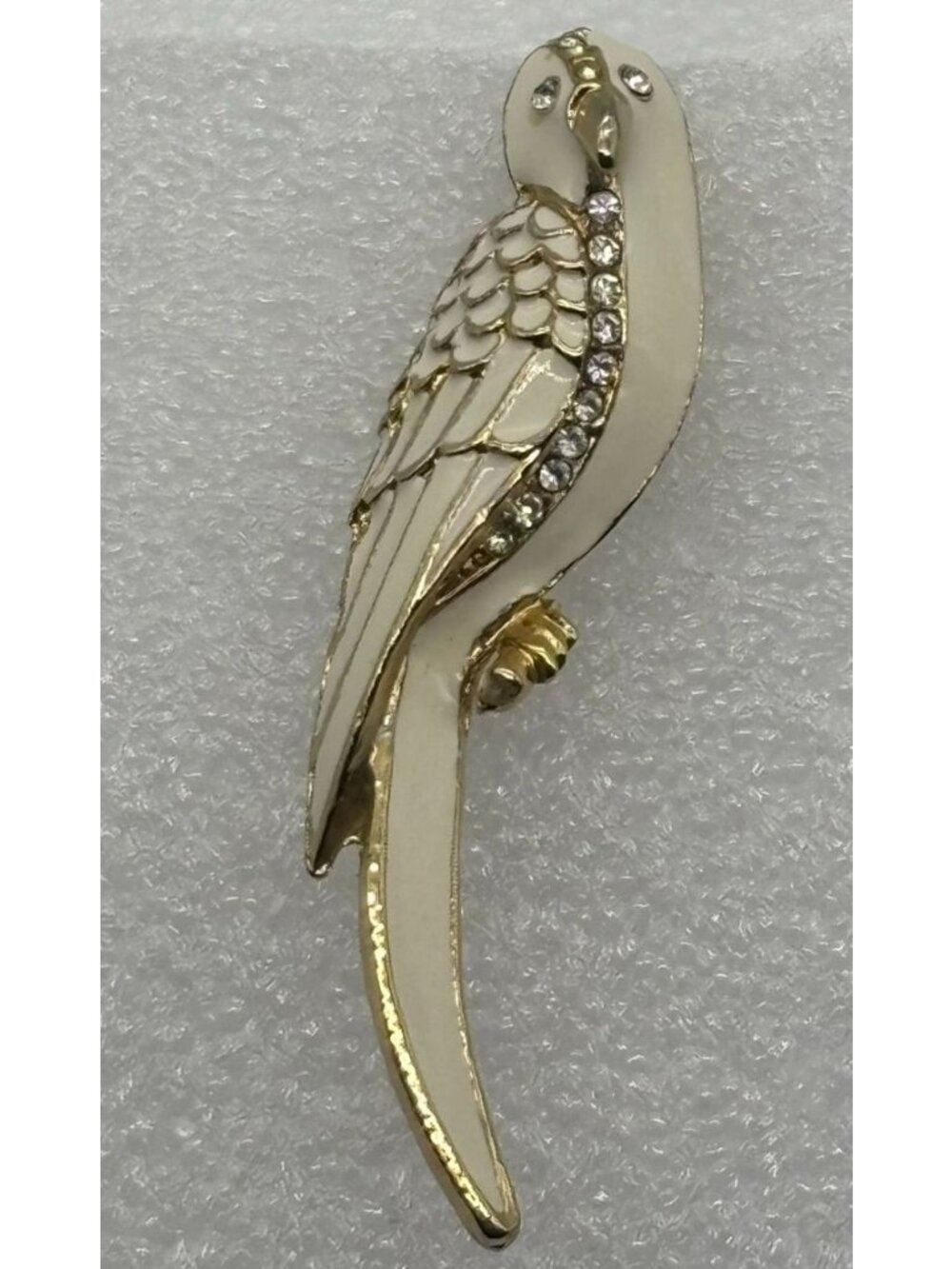 Vintage Parrot Brooch White Enamel On Gold-Tone Metal Base With Pave Rhinestones